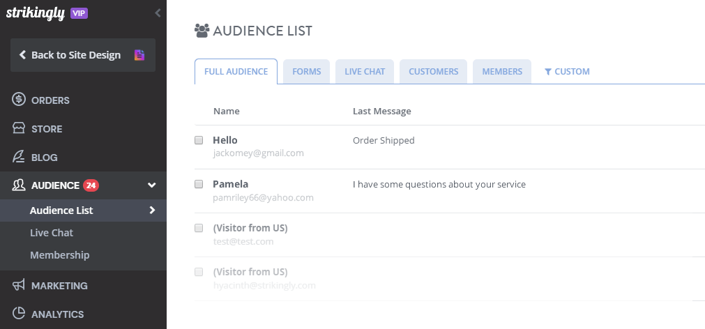 website audience list in Strikingly editor website audience list in Strikingly editor